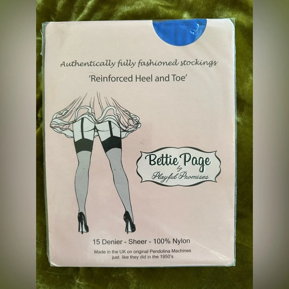 NWT Bettie Page Electric Cobalt Blue Fully Fashioned Stockings 15 Denier